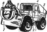 Трелёвочная машина ЛТ-157: 1 - задняя часть рамы; 2 - передняя часть рамы; 3 - капот двигателя; 4 - кабина; 5 - стрела; 6 - захват; 7 - щит