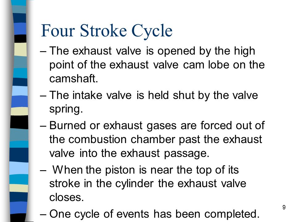 Four Stroke Cycle The exhaust valve is opened by the high point of the exhaust valve cam lobe on the camshaft.