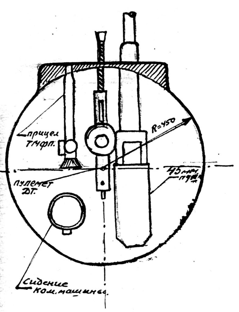 ​Схема размещения 45-мм пушки в башне Т-60, разработанная в КБ ГАЗ им. Молотова - Т-70: подросший малыш 